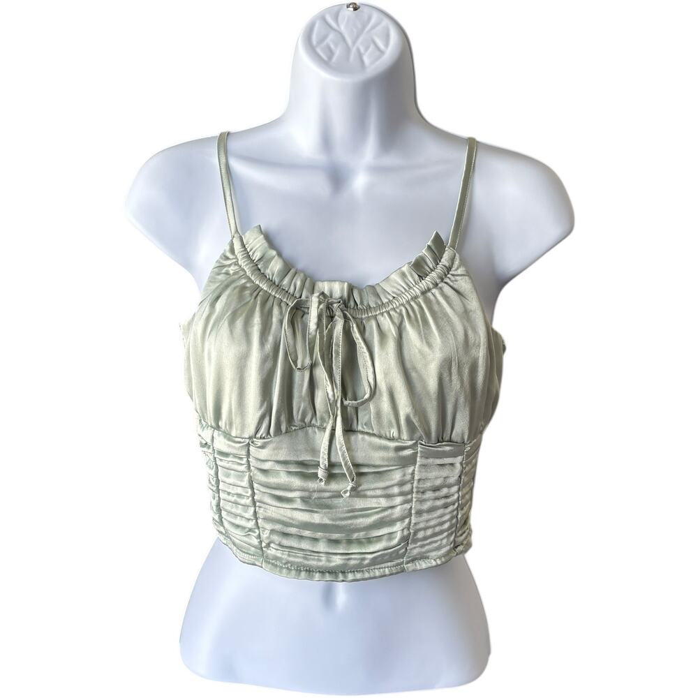 Forever 21 satin ruched corset cami crop top sage green smocked back S Y2K